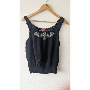 Sunny Leigh Womens Black Embroidered Floral Smocked Hem Blouson Top Large